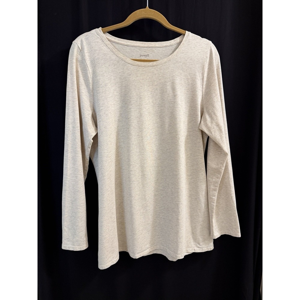 Pure Jill Women's L Oatmeal Solid Round Neck Stretch Knit Pima Cotton Tee